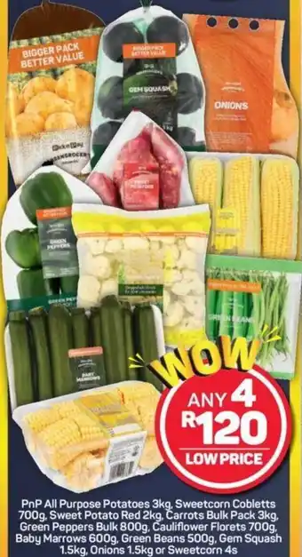 Pick n Pay PnP All Purpose Potatoes 3kg, Sweetcorn Cobletts 700g, Sweet Potato Red 2kg, Carrots 3kg, Green Pepper 800g, Cauliflower 700g offer