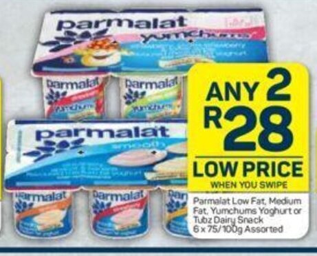 Pick n Pay Parmalat Low Fat, Medium Fat, Yumchums Yoghurt or Tubz Dairy Snack 6 x 75/100g Assorted offer