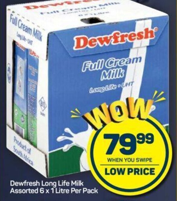 Dewfresh Long Life Milk Assorted 6 x 1 Litre per pack offer at Pick n Pay