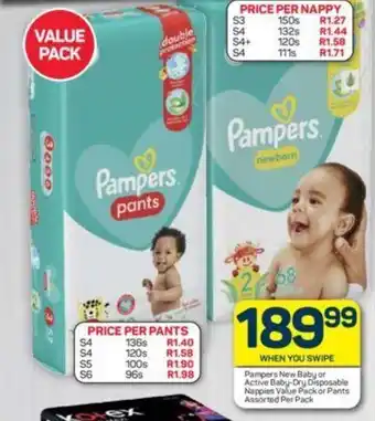 Pick n Pay Pampers New Baby or Active Baby-Dry Disposable Nappies Value Pack or Pants Assorted per pack offer