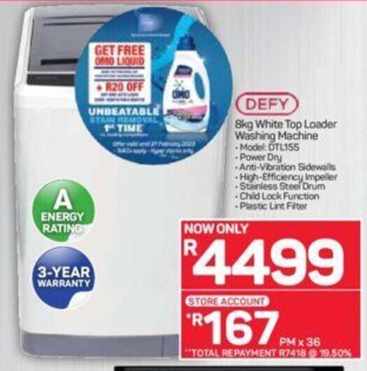Defy 8kg White Top Loader Washing Machine offer at Pick n Pay