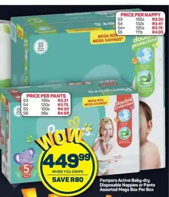 Pick n Pay Pampers Active Baby-Dry Disposable Nappies or Pants Assorted Mega Box per box offer