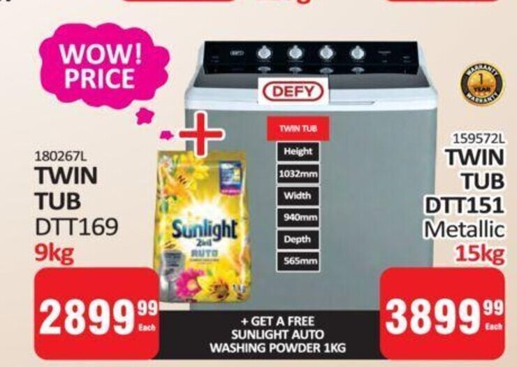 Defy Twin Tub DTT169 9kg offer at KitKat Cash and Carry