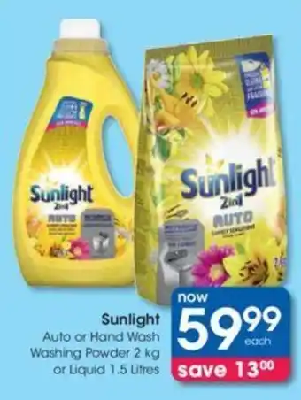 Clicks Sunlgiht Auto or Hand Washing Powder 2kg or Liquid 1.5 litres offer