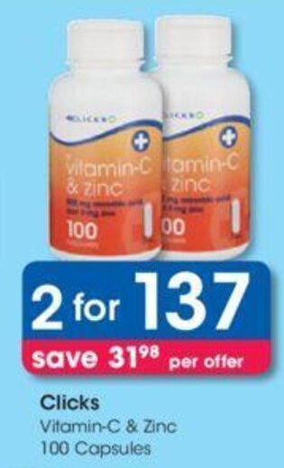 Clicks Clicks+ Vitamin -C & Zinc 2 x 100 capsules offer