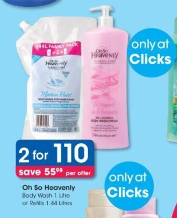 Oh So Heavenly Body Wash 2 x 1 litre or Refill 1.44 litros offer at Clicks