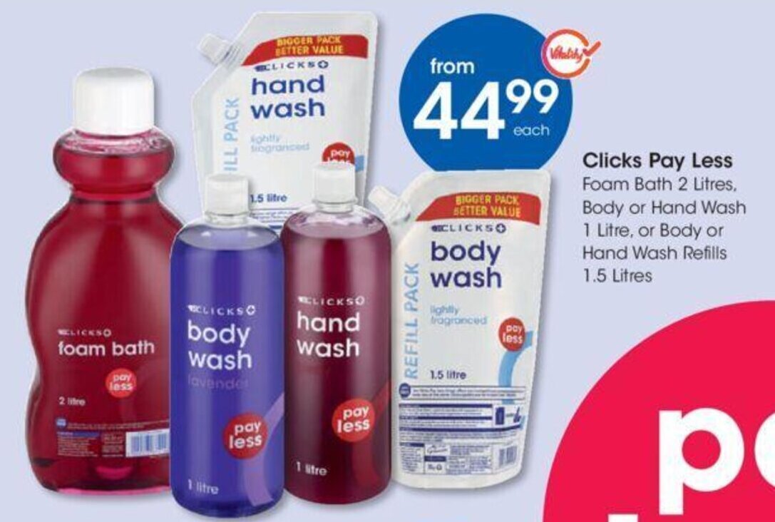 Clicks+ Foam Bath 2 litres, Body or Hand Wash 1 litre, Body or Hand