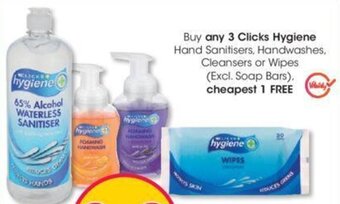 Buy any 3 Clicks+ Hygiene Hand Sanitisers, Handwashes, Cleansers or Wipes cheapest 1 FREE
