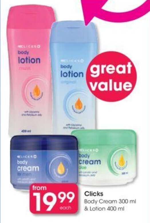 Clicks+ Body Cream 300ml & Lotion 400ml offer at Clicks