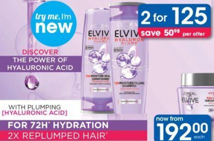 Elvive Shampoo and Conditioner 2's offer at Clicks
