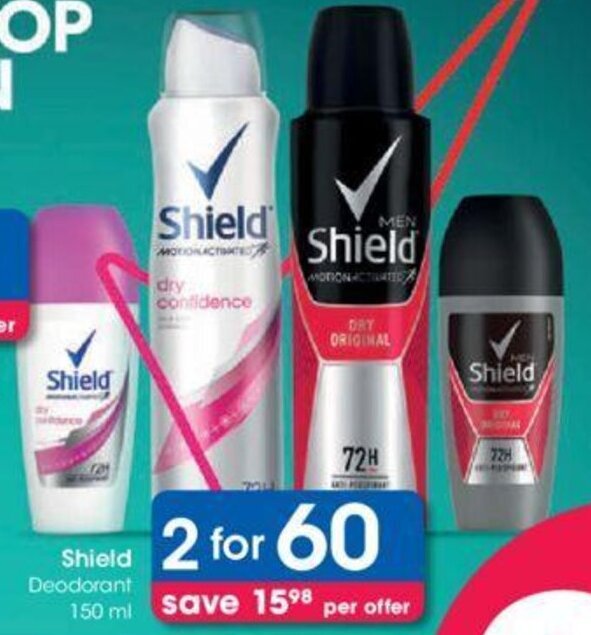 Shield Deodorant 2 x 150ml offer at Clicks