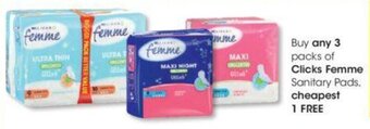 Buy any 3 packs of Clicks+ Femme Sanitary Pads cheapest 1 FREE