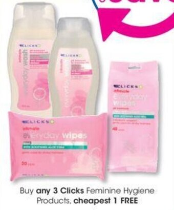 Clicks Buy any 3 Clicks+ Feminine Hygiene Products cheapest 1 FREE offer