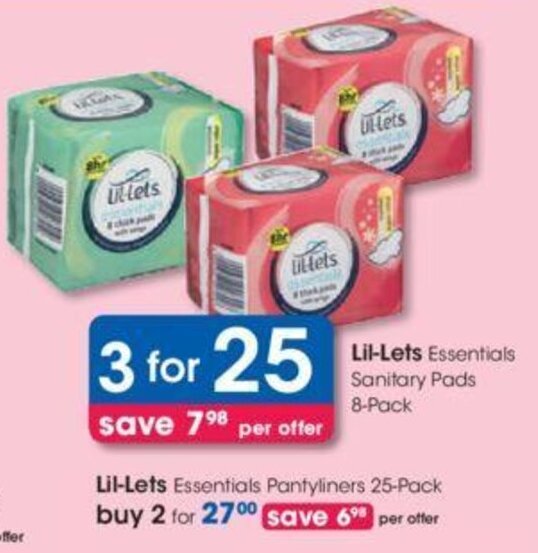 LilLets Essentials Sanitary Pads 3 x 8packs offer at Clicks