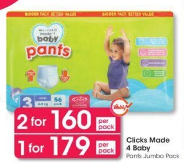 Clicks+ Made 4 Baby Pants Jumbo Pack offer at Clicks