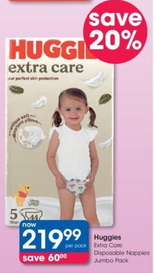 Huggies Extra Care Disposable Nappies Jumbo Pack offer at Clicks