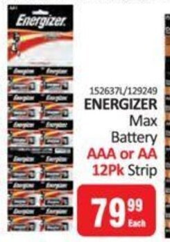 Energizer Max Battery AAA or AA 12Pk Strip offer at KitKat Cash and Carry