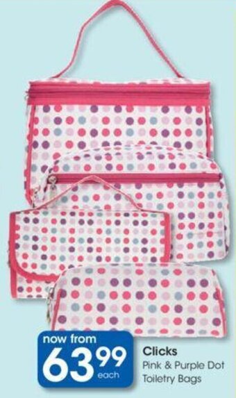 Clicks Clicks+ Pink & Purple Dot Toiletry Bags offer