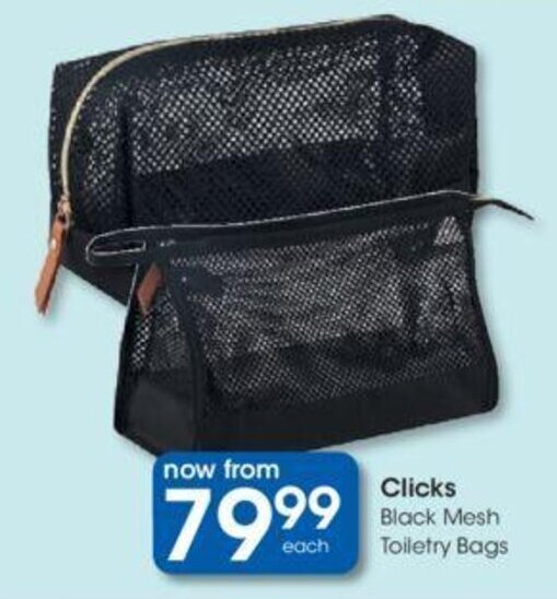 Clicks+ Black Mesh Toiletry Bags offer at Clicks