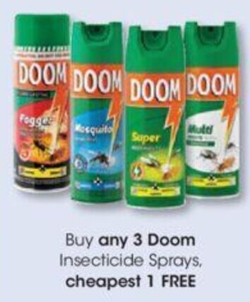 Buy any 3 Doom Insecticide Spray cheapest 1 FREE offer at Clicks