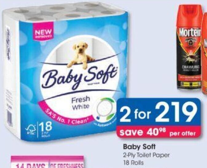 Baby Soft 2Ply Toilet Paper 2 x 18 rolls offer at Clicks
