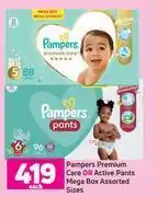 Game Pampers premium care or active pants mega box assorted sizes-each offer