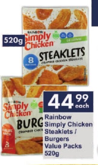 President Hyper Rainbow Simply Chicken Steaklets / Burgers Value Pack 520g offer