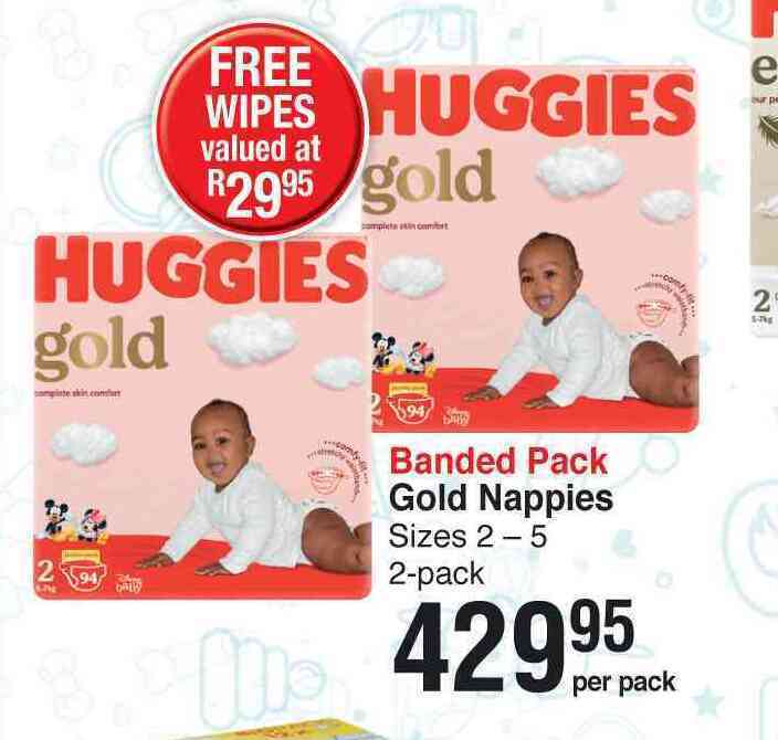 Huggies banded pack gold nappies 2 pack sizes 25per pack offer at Dis