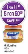 Dis-Chem Purity apple & mango 6 months assorted-80ml offer