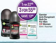 Dis-Chem Garnier anti perspirant roll on for men or women assorted-50ml offer