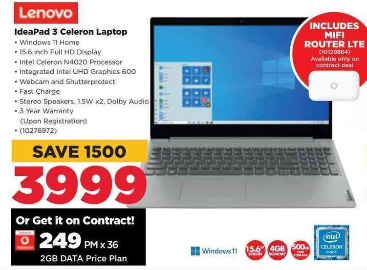 Lenovo IdeaPad 3 Celeron Laptop offer at HiFi Corp