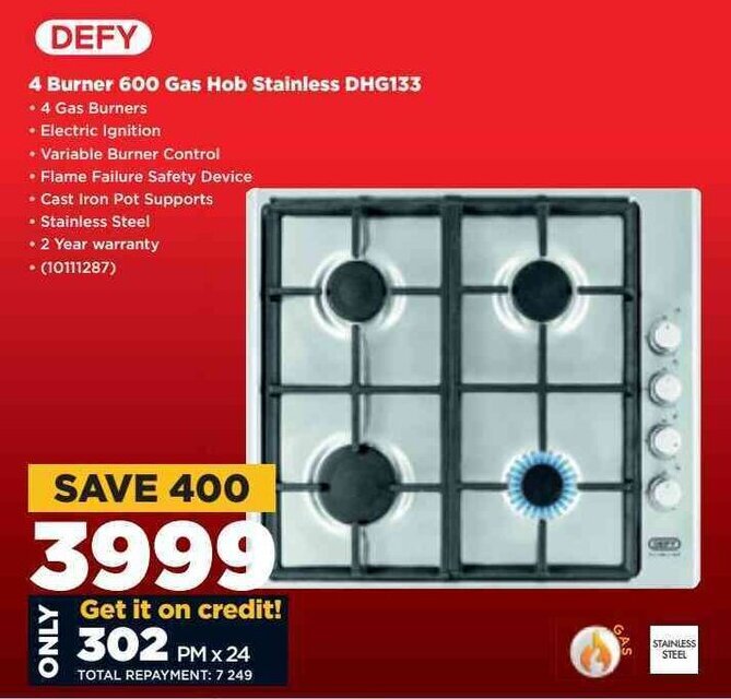 Defy 4 Burner 600 Gas Hob Stainless DHG133 offer at HiFi Corp