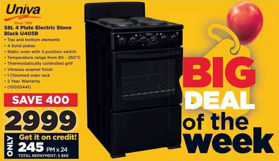 Univa 58L 4Plate Electric Stove Black U405B offer at HiFi Corp