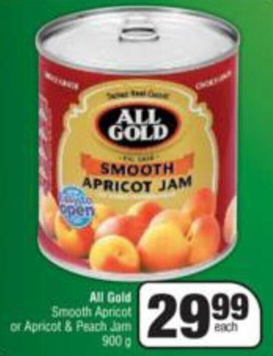 All Gold Smooth Apricot or Apricot & Peach Jam 900g offer at Spar