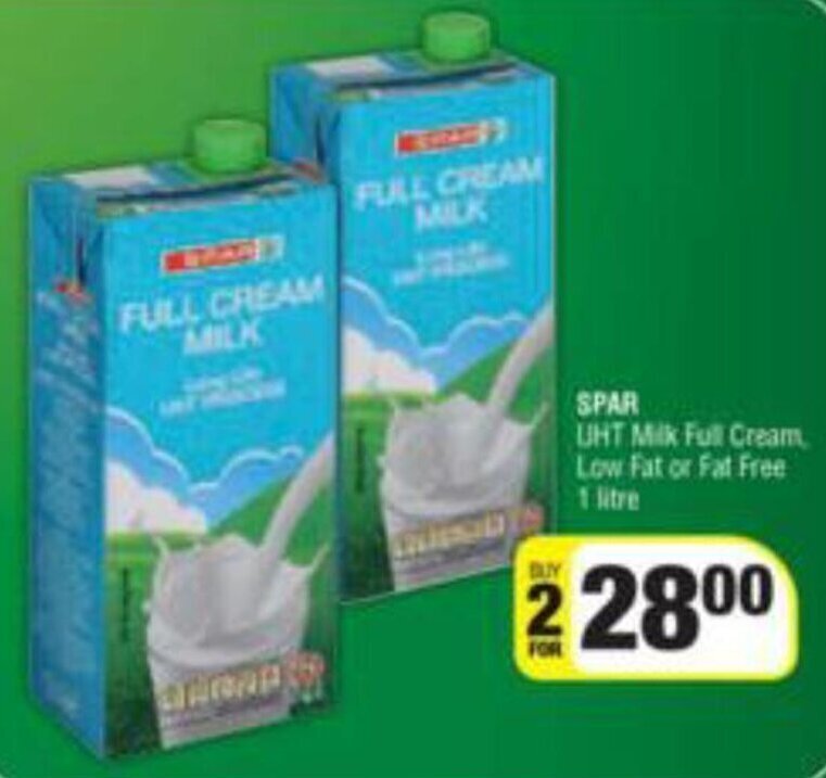 Spar Full Cream Milk Low Fat or Fat Free 1 x 1 litre offer at Spar
