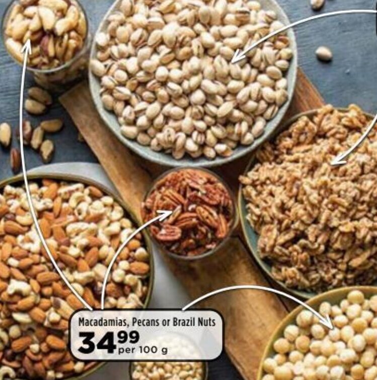Macadamias, Pecans or Brazil Nuts per 100g offer at Food Lover's Market