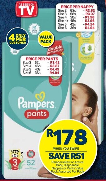 Pick n Pay Pampers New or Active Baby Disposable Nappies or Pants Value Pack assorted per pack offer