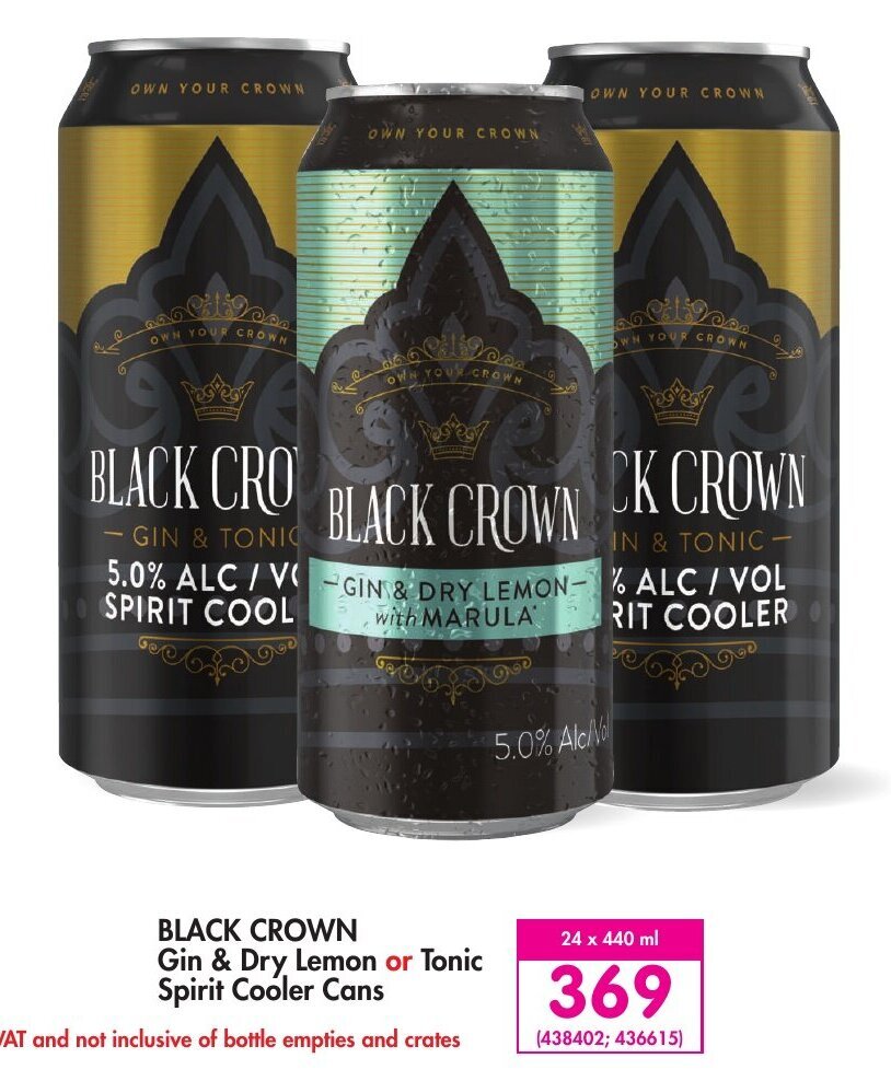 Black Crown Gin & Dry Lemon or Tonic Spirit Cooler cans 24 x 440ml