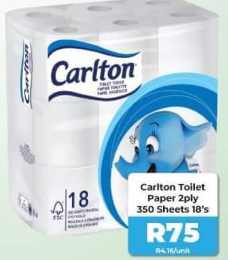 Carlton Toilet Paper 2 ply 350 Sheets 18's offer at 1UP