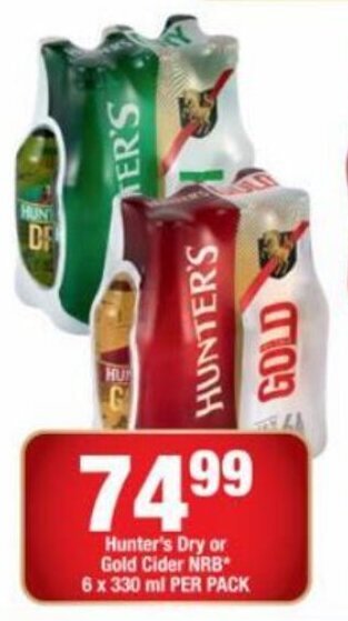 Hunter's Dry or Gold Cider NRB 6 x 330ml per pack