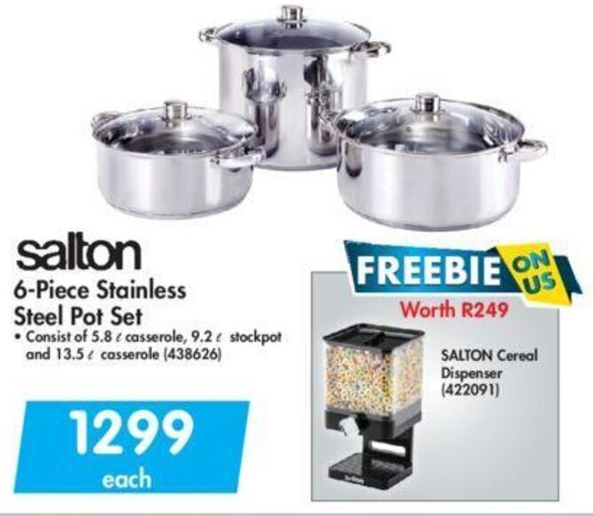 Salton 6piece Stainless Steel Pot Set offer at Makro