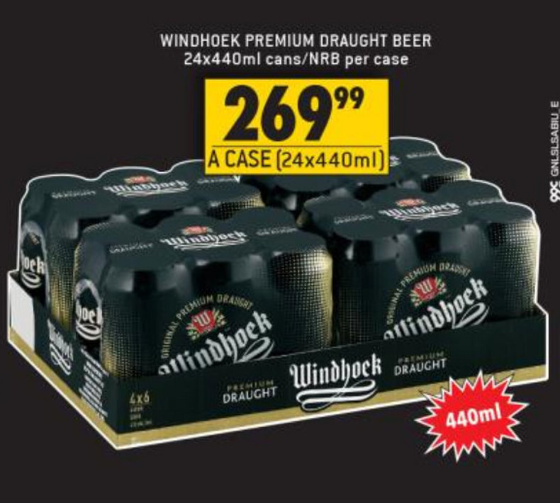 Windhoek Premium Draught Beer 24x440ml cans/NRB per case offer at