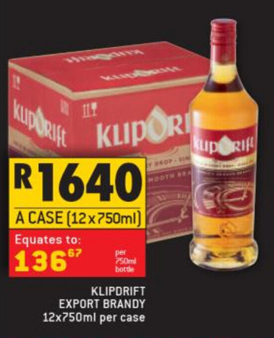 Klipdrift Export Brandy 12x750ml per case offer at Shoprite Liquor