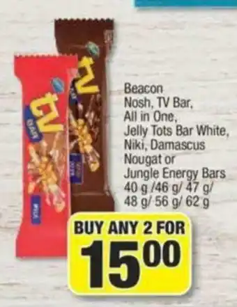 Beacon Nosh, TV Bar, All in One, Jelly Tots Bar White, Niki, Damascus Nougat or Jungle Energy Bars
