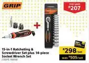 Builders Warehouse Grip 15-in-1 ratcheting & screwdriver set plus 14-piece socket wrench set-per set offer