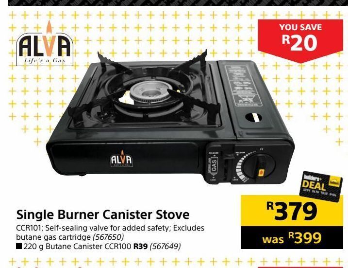 Single burner canister stove offer at Builders Warehouse