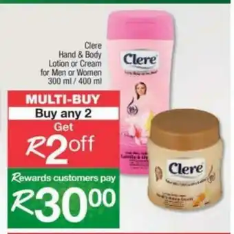 Spar Clere Hand & Body Lotion or Cream for Men or Women 300ml / 400ml offer
