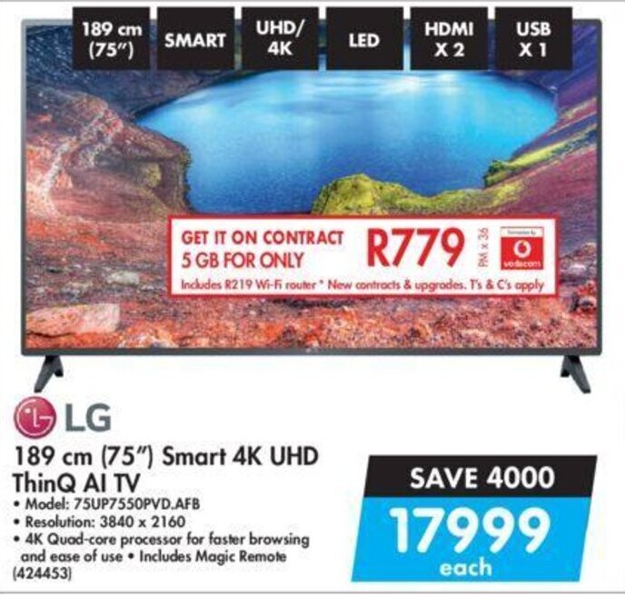LG 189cm (75") Smart 4K UHD ThinQ AI TV offer at Makro
