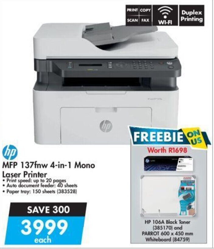 HP MFP 137fnw 4in1 Mono Laser Printer offer at Makro