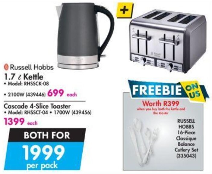 Russell Hobbs 1.7L Kettle + Cascade 4slice Toaster offer at Makro